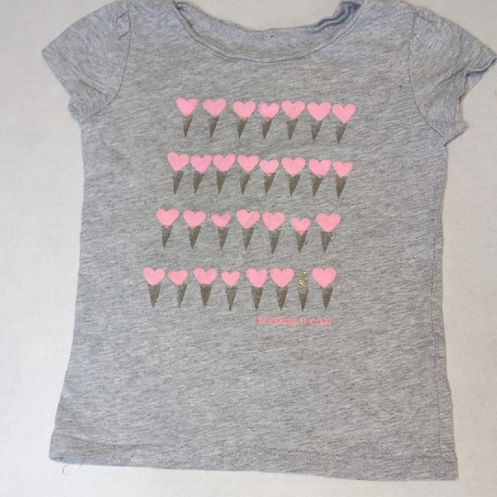 Kids Gray T-Shirt Pink Heart Ice Cream Motif Summer Cute Casual 4T